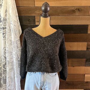 Modern Grey Soft Knit Tie Back Bubble Sleeve Cropped Sweater Size Medium